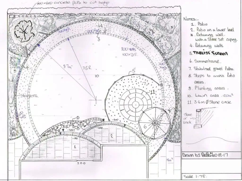 Steve's hand-drawn plan for a garden in Garforth: a round lawn, a stone circle, a summerhouse and planting areas
